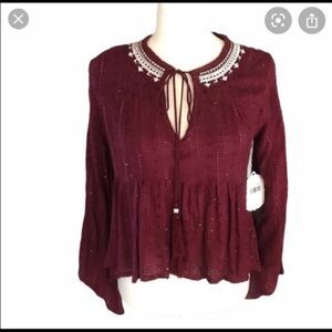 Altar'd State Embroidered Peasant Top Burgandy Boho Tassel Babydoll NWT